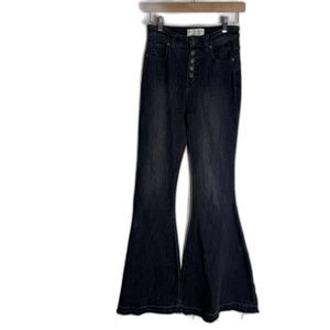 We The Free Jeans Womens 26 Black Flare High Rise Button Fly Distressed Hem Boho